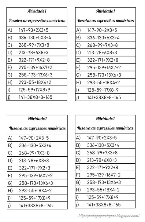 lista de expressões numéricas pdf